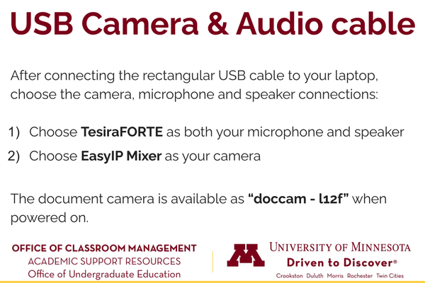 Instructions for USB camera and audio cable signal names: 1)  choose TesiraFORTE for microphone and speaker, 2) choose EasyIP Mixer for camera