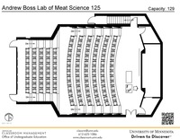 Plan view of the classroom that provides room capacity, seating locations and exits. A QR code links to room schedule and contact information is in the footer