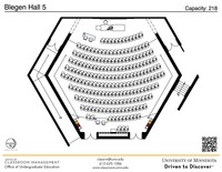 Plan view of the classroom that provides room capacity, seating locations and exits. A QR code links to room schedule and contact information is in the footer