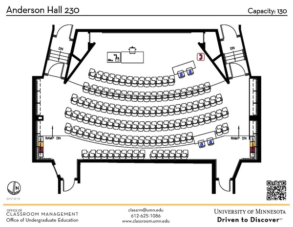 Plan view of the classroom that provides room capacity, seating locations and exits. A QR code links to room schedule and contact information is in the footer