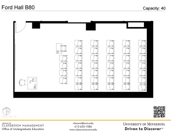 Plan view of the classroom that provides room capacity, seating locations and exits. A QR code links to room schedule and contact information is in the footer