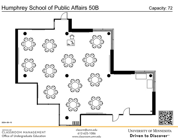 Plan view of the classroom that provides room capacity, seating locations and exits. A QR code links to room schedule and contact information is in the footer