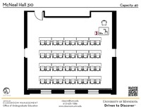 Plan view of the classroom that provides room capacity, seating locations and exits. A QR code links to room schedule and contact information is in the footer