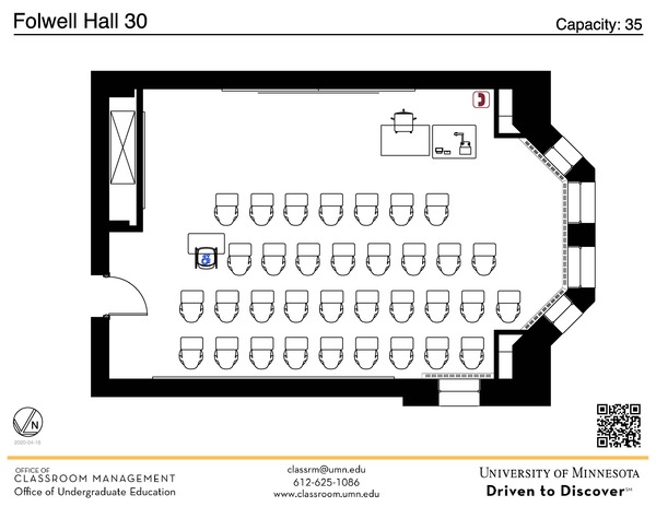 Plan view of the classroom that provides room capacity, seating locations and exits. A QR code links to room schedule and contact information is in the footer