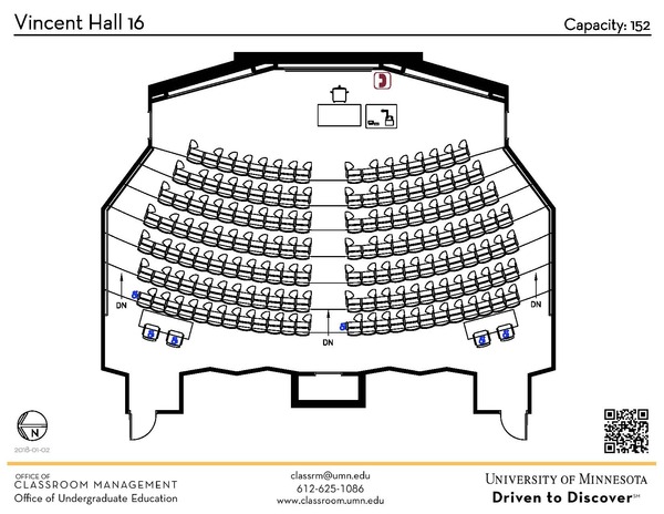 Plan view of the classroom that provides room capacity, seating locations and exits. A QR code links to room schedule and contact information is in the footer