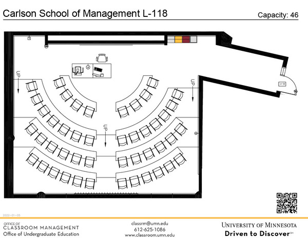 Plan view of the classroom that provides room capacity, seating locations and exits. A QR code links to room schedule and contact information is in the footer