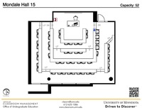 Plan view of the classroom that provides room capacity, seating locations and exits. A QR code links to room schedule and contact information is in the footer