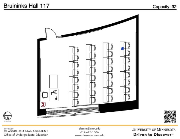 Plan view of the classroom that provides room capacity, seating locations and exits. A QR code links to room schedule and contact information is in the footer