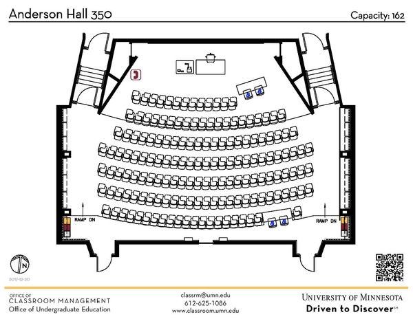 Plan view of the classroom that provides room capacity, seating locations and exits. A QR code links to room schedule and contact information is in the footer