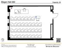 Plan view of the classroom that provides room capacity, seating locations and exits. A QR code links to room schedule and contact information is in the footer