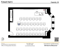 Plan view of the classroom that provides room capacity, seating locations and exits. A QR code links to room schedule and contact information is in the footer