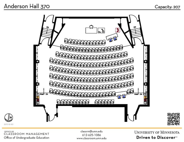 Plan view of the classroom that provides room capacity, seating locations and exits. A QR code links to room schedule and contact information is in the footer