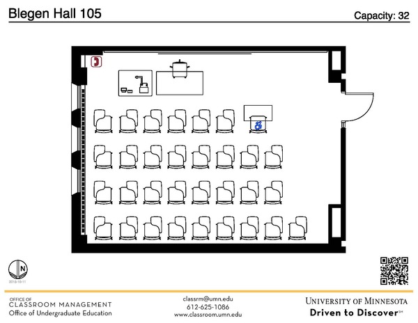 Plan view of the classroom that provides room capacity, seating locations and exits. A QR code links to room schedule and contact information is in the footer