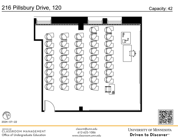 Plan view of the classroom that provides room capacity, seating locations and exits. A QR code links to room schedule and contact information is in the footer