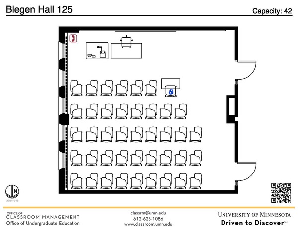 Plan view of the classroom that provides room capacity, seating locations and exits. A QR code links to room schedule and contact information is in the footer