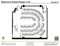 Plan view of the classroom that provides room capacity, seating locations and exits. A QR code links to room schedule and contact information is in the footer