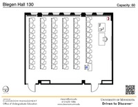 Plan view of the classroom that provides room capacity, seating locations and exits. A QR code links to room schedule and contact information is in the footer