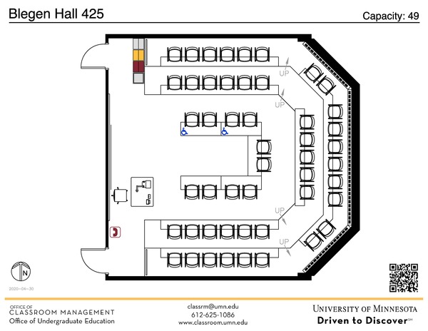 Plan view of the classroom that provides room capacity, seating locations and exits. A QR code links to room schedule and contact information is in the footer