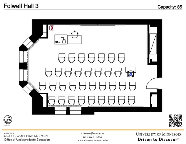 Plan view of the classroom that provides room capacity, seating locations and exits. A QR code links to room schedule and contact information is in the footer