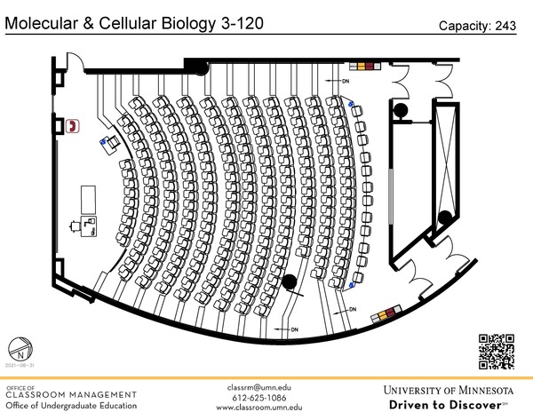 Plan view of the classroom that provides room capacity, seating locations and exits. A QR code links to room schedule and contact information is in the footer