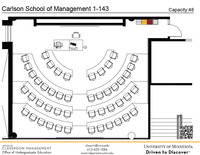 Plan view of the classroom that provides room capacity, seating locations and exits. A QR code links to room schedule and contact information is in the footer