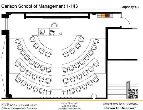 Plan view of the classroom that provides room capacity, seating locations and exits. A QR code links to room schedule and contact information is in the footer