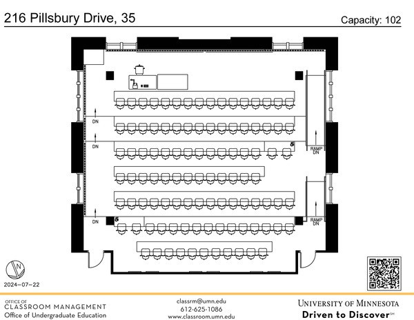 Plan view of the classroom that provides room capacity, seating locations and exits. A QR code links to room schedule and contact information is in the footer