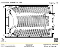 Plan view of the classroom that provides room capacity, seating locations and exits. A QR code links to room schedule and contact information is in the footer