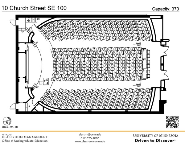 Plan view of the classroom that provides room capacity, seating locations and exits. A QR code links to room schedule and contact information is in the footer