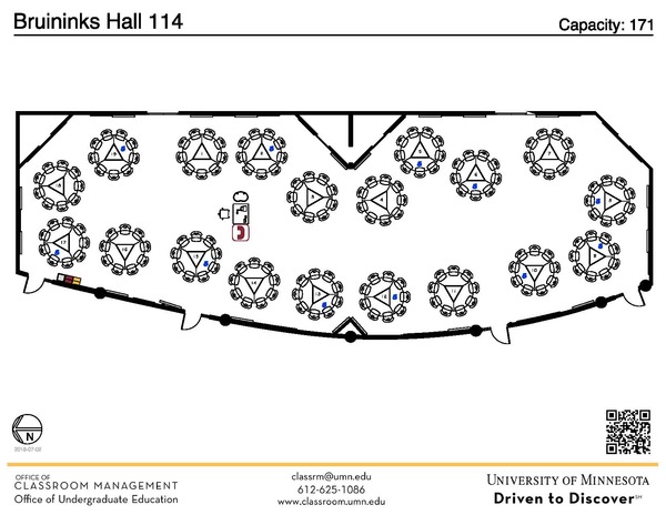 Plan view of the classroom that provides room capacity, seating locations and exits. A QR code links to room schedule and contact information is in the footer