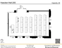 Plan view of the classroom that provides room capacity, seating locations and exits. A QR code links to room schedule and contact information is in the footer