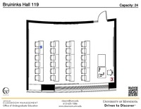 Plan view of the classroom that provides room capacity, seating locations and exits. A QR code links to room schedule and contact information is in the footer