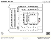 Plan view of the classroom that provides room capacity, seating locations and exits. A QR code links to room schedule and contact information is in the footer