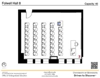 Plan view of the classroom that provides room capacity, seating locations and exits. A QR code links to room schedule and contact information is in the footer