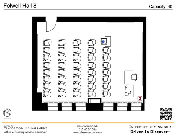 Plan view of the classroom that provides room capacity, seating locations and exits. A QR code links to room schedule and contact information is in the footer