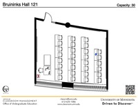 Plan view of the classroom that provides room capacity, seating locations and exits. A QR code links to room schedule and contact information is in the footer