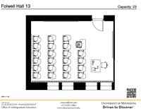 Plan view of the classroom that provides room capacity, seating locations and exits. A QR code links to room schedule and contact information is in the footer