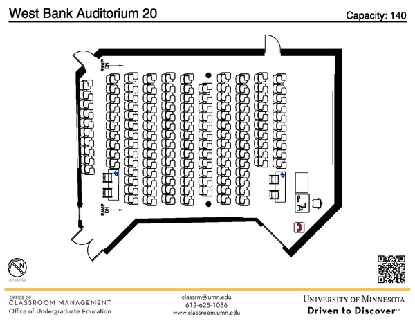 Plan view of the classroom that provides room capacity, seating locations and exits. A QR code links to room schedule and contact information is in the footer