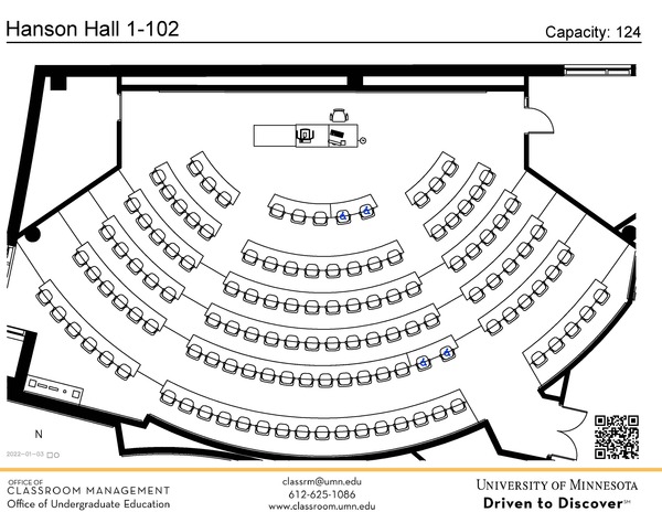 Plan view of the classroom that provides room capacity, seating locations and exits. A QR code links to room schedule and contact information is in the footer