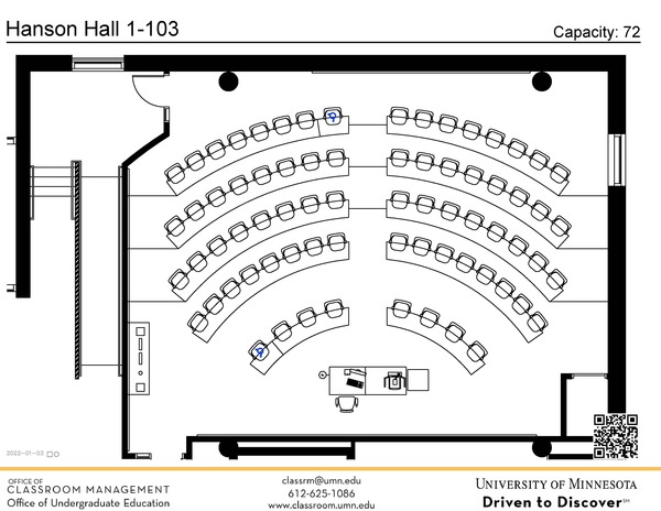 Plan view of the classroom that provides room capacity, seating locations and exits. A QR code links to room schedule and contact information is in the footer