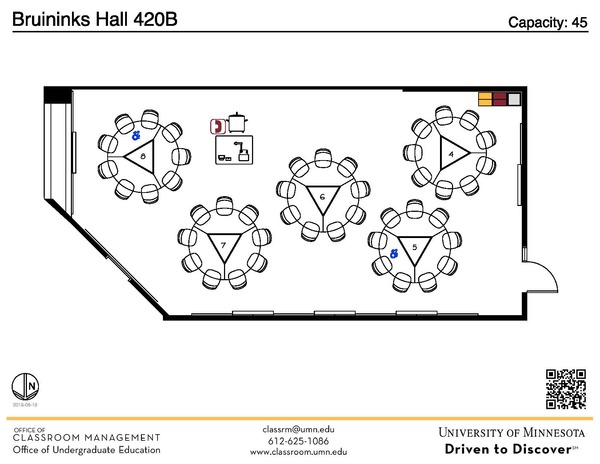 Plan view of the classroom that provides room capacity, seating locations and exits. A QR code links to room schedule and contact information is in the footer