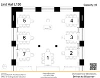 Plan view of the classroom that provides room capacity, seating locations and exits. A QR code links to room schedule and contact information is in the footer