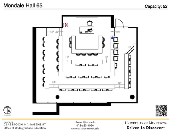 Plan view of the classroom that provides room capacity, seating locations and exits. A QR code links to room schedule and contact information is in the footer