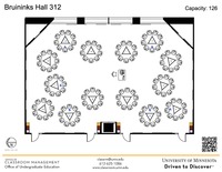 Plan view of the classroom that provides room capacity, seating locations and exits. A QR code links to room schedule and contact information is in the footer