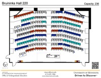 Plan view of the classroom that provides room capacity, seating locations and exits. A QR code links to room schedule and contact information is in the footer