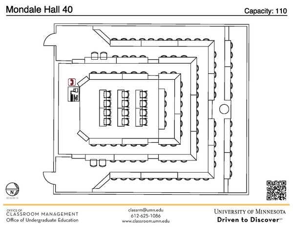 Plan view of the classroom that provides room capacity, seating locations and exits. A QR code links to room schedule and contact information is in the footer