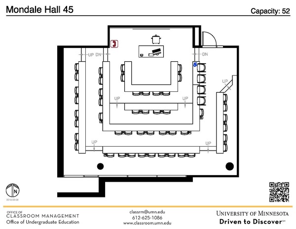 Plan view of the classroom that provides room capacity, seating locations and exits. A QR code links to room schedule and contact information is in the footer