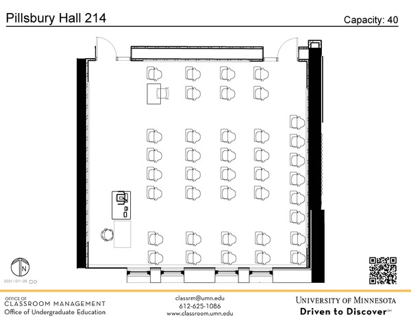 Plan view of the classroom that provides room capacity, seating locations and exits. A QR code links to room schedule and contact information is in the footer