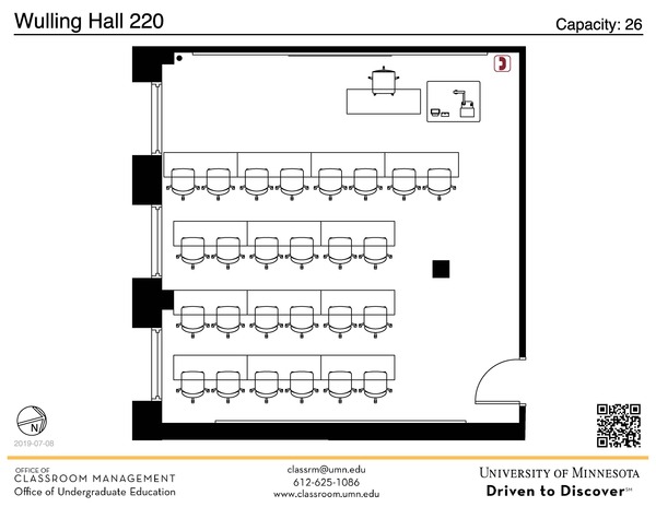 Plan view of the classroom that provides room capacity, seating locations and exits. A QR code links to room schedule and contact information is in the footer