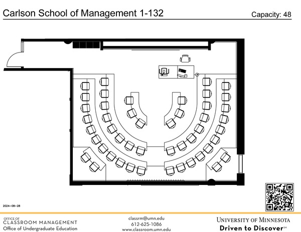 Plan view of the classroom that provides room capacity, seating locations and exits. A QR code links to room schedule and contact information is in the footer